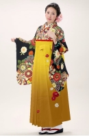 ウライ 二尺袖:レトロ 菊雪輪(濃紺) 袴:新椿刺繍 (薄金茶ボカシ) Mサイズ